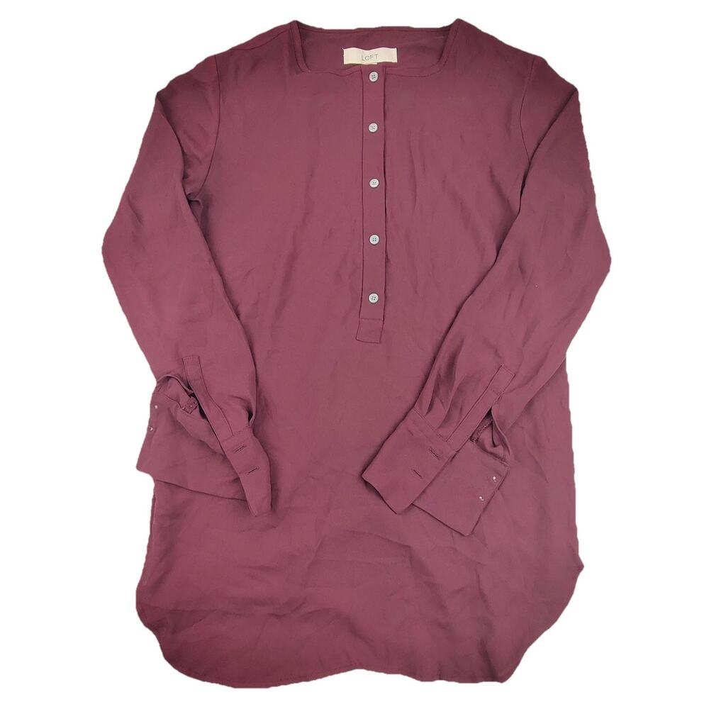 LOFT Tunic Blouse Womens XS Red Long Sleeve Henley Woven Lightweight Top Casual